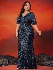 abordables BLEU-Robes élégantes grande taille sirène  trompette robe courbe robe de mariage longueur au sol à manches courtes en V en polyester avec sequins