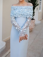 abordables Vestidos de cóctel-Vestidos Cóctel Azul Corte  Columna Capa Desmontable Crepé Elástico Vestido Elegante Formal Boda Largo de Té Sin Mangas Fuera de los Hombros con Encaje de Perlas Florales