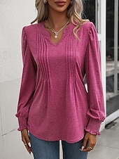 abordables Hauts Unis pour Femmes-Femmes Chemisier Couleur Unie Élégant Occasionnel manche longue Col en V Hauts Réguliers Quotidien Froncé Noir Rose Claire Fuchsia Vert Été Printemps
