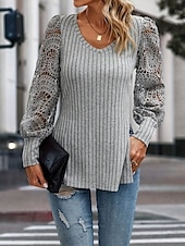 cheap Lace Tops-Women&#039;s Lace Splicing Top Solid Color Stylish Casual Long Sleeve V Neck Regular Tops Daily Lace Patchwork Gray Summer Spring