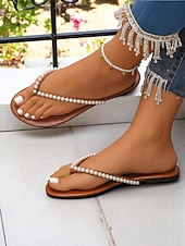 cheap Slide Sandals-Women's Pearl Embellished Flip Flop Sandals - Casual Chic Thong Flats for Daily Outings and Summer Dates