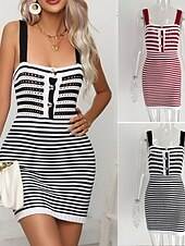 ieftine Rochii tricotate-Pentru femei Rochie Mini Rochie casual Rochie de vară Rochie Slip Modă În aer liber Petrecere Concediu Fit regulat Dungi Fără manșon Curele de Negru Roșu-aprins Vară