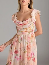 baratos Vestidos para Madrinhas-Vestido de Madrinha em A Decote V Sem Mangas Elegante Comprimento do Tornozelo Chiffon com Pregas  Rendas  Pregas