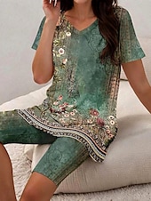 ieftine Seturi scurte pentru femei-Pentru femei Vacanță Epocă Modă Tricou Seturi de pantaloni scurți Manșon scurt În V Floral Grafic Imprimeu Casul / Zilnic Verde Deschis Mov Strugure Albastru Marin Închis Vară Fit regulat