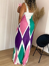 preiswerte Streifen- und geometrische Kleider-Damen Maxikleid Etui-Kleid Unterkleid Urlaub Lässig Boho Outdoor Ausgehen Normale Passform Geometrisch Ärmellos Spaghettiträger Gelb Wein Purpur Grün Sommer