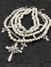 economico Accessori di Halloween-Collana multistrato con perle, rose e crocifisso gotico da donna - collana multifilo vintage per feste di Halloween e occasioni vintage