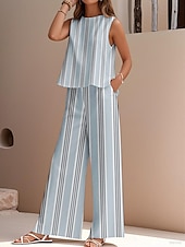 cheap Sets-Women&#039;s Elegant Fashion Streetwear Two Piece Sets Blouse Vest Pants Trousers Sleeveless Crew Neck Outdoor Work Casual Striped Print Vacation Daily Holiday Blue Gray Light Blue Summer Regular Fit
