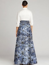 abordables Longueur du plancher-Robe Mère de la Mariée A-Line en brocart jacquard bleu Élégante Vintage Col chemise Longueur de sol Tissu extensible Manches longues avec nœud(s) Bloc de couleur