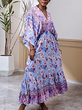 preiswerte Ausgefallene Kleider-Damen Langes Kleid Maxikleid Freizeitkleid Schwingkleid Boho-Kleid Westernkleid Elegant Mode Romantisch Outdoor Urlaub Party Normale Passform Blume Langarm V Ausschnitt Blau Frühling Herbst