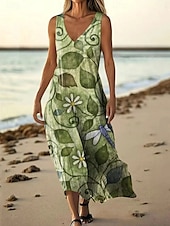 abordables Robes Floraux Imprimés-Femmes Robe Longue Maxi Robe Robe Décontractée Robe débardeur Robe d&#039;été africain Quotidien Fête Plage Coupe régulière Fleuri Sans manches Col en V Jaune Bleu Vert foncé Vert Été