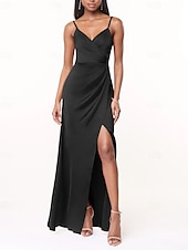 cheap Bridesmaid Dresses-A-Line Bridesmaid Dress V Neck / Spaghetti Strap Sleeveless Elegant Floor Length Charmeuse with Split Front / Ruching