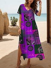 olcso Boho ruhák-Női Midi ruha hétköznapi ruha Nyári ruha A vonalú ruha nyári ruha Csehország Szabadság Alkalmi Tengerpart Laza öltözet Grafika Absztrakt Boho Rövid ujjú V-alakú Sárga Medence Bíbor Narancssárga Nyár
