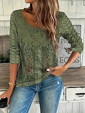 abordables T-shirt floral-Top femme en dentelle splicing floral vintage basique décontracté à manches longues col en V hauts réguliers imprimé quotidien patchwork dentelle vert printemps préautomne