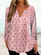 billige Tunika topper-Kvinne Tunika Skjorte Henley Skjorte Bluse Tunika Basic Blomster Knappe Print Lang Erm Regular Tops Rund Hals Casual Ferie Gul Rosa Grønn Grå Lys Blå Vår  Høst