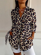 cheap Sexy Tops-Women&#039;s Shirt Leopard Striped Active Daily Stylish Long Sleeve Shirt Collar Regular Tops Daily Holiday Buttons Print White Brown Spring Fall