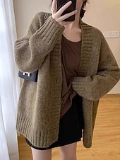 preiswerte Einfarbiger Cardigan-Damen Pullover Strickjacke Mode Einfarbig Gerippt V Ausschnitt Knöpfe Gestrickt Langarm Normale Oberteile Stricken Täglich Ferien Ausgehen Schwarz Dunkelgray Herbst