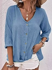 cheap Plain Tops-Women&#039;s Shirt Blouse Solid Color Plain Bohemia Daily Stylish 3/4 Length Sleeve V Neck Regular Tops Daily Holiday Going out Buttons Sage Green Blue Khaki Rose Pink Summer Spring Fall