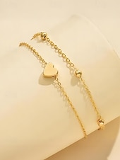 abordables Bracelet pour femme-Bracelet de cheville double couche avec pendentif cœur en or pour femme – bijou délicat pour la plage avec chaîne perlée pour les sorties estivales et les vacances