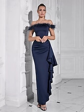 economico ROSSO-Abito da sera in raso elasticizzato a sirena/tromba, elegante, formale, da sposa, lungo fino al pavimento, senza maniche, con spalle scoperte e volant di piume, 2025