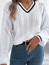 preiswerte Einfarbige Farben-Damen Pullover Lässig Farbblock Gerippt V Ausschnitt Patchwork Gestrickt Langarm Normale Oberteile Stricken Täglich Ferien Ausgehen Weiß Blau Herbst