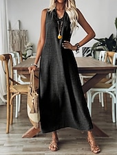 abordables Robe blanche-Femmes Robe maxi Robe trapèze Robe d&#039;été Occasionnel Quotidien Coupe Ample Uni Sans manches Col en V Noir Rouge Bleu Abricot Été