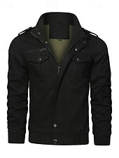 cheap Cargo Jackets-Men&#039;s Trucker Jacket Cargo Jacket Casual Jacket Vacation Daily Pocket Spring Fall Plain Fashion Classic Stand Collar Regular Black Khaki Army Green Jacket