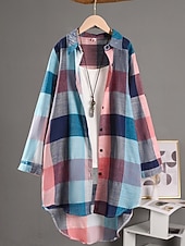 tanie Koszule-Damskie Szałat Wygodny Oddychający Guziki Nadruk Codzienny Kratka Urlop Ulica Codzienny Dzienne zużycie Guziki jednorzędowe Długie Wieczorne Regularny Długi rękaw Odzież wierzchnia Czarny i biały