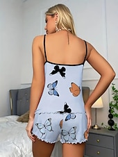 billige Søvnoverdeler og -nederdeler for kvinner-Dame Pyjamas Sett Fritid Komfort Sommerfugl Elastisk midje Stropp Topp Shorts Hjem Daglig Langermet stropper Rosa Blå Beige Sommer Normal