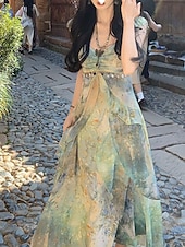 voordelige Elegante bloemenjurken-Dames Lange jurk maxi-jurk Jurk met print Modern Vakantie Feestdagen Teaparty Normale pasvorm Bloem Mouwloos V-hals Groen Zomer