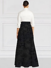 preiswerte Bodenlänge-Grün Schwarz und Weiß A-Linie Brautmutter Kleid Elegantes Vintage Hemdkragen Bodenlang Stretchstoff Langarm mit