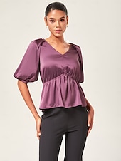 cheap Blouses &amp; Shirts-V-Neck Puff Sleeve Peplum Top