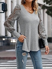 cheap Lace Tops-Women&#039;s Lace Splicing Top Solid Color Stylish Casual Long Sleeve V Neck Regular Tops Daily Lace Patchwork Gray Summer Spring