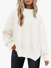 preiswerte Einfarbige Farben-Damen Pullover Lässig Einfarbig Gerippt Rundhalsausschnitt Gestrickt Langarm Normale Oberteile Stricken Ausgehen Wochenende Schwarz Weiß Herbst