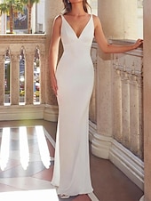 ieftine rochii de mireasa casual-Rochii de mireasă casual din crep elastic, tip sirenă/trompetă, cu pelerină detașabilă, decolteu în V, mânecă lungă, lungime până la podea, cu aplicații, 2025