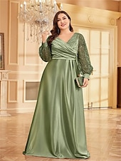 abordables VERT-Robe A-Line Grande Taille Élégante Robe Courbe De Mariage Formelle Longue Au Sol Manches Longues Col en V En Polyester Avec Plis 2025