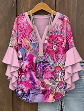 abordables Hauts d&#039;Art et de Design pour Femmes-Femmes Chemisier A Ombre Graphique Abstrait Bohème ancien Quotidien Manche 3/4 Col en V Hauts Réguliers Quotidien Fête Vêtements de vacances Imprimé Rose Claire Bleu Violet Orange Vert Été Printemps
