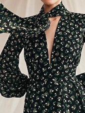preiswerte Bodenlänge-A-Linie Brautmutterkleid Elegant Einfach Minimalistisch V-Ausschnitt mit Schal Bodenlänglich Floralprint Chiffon Langarm mit Falten