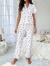 billiga Sovtoppar och underdelar till dam-Dam Pyjamas set Ledigt Komfort Körsbär Elastisk midja Skjorta Byxa Hem Dagligen Kortärmad V-hals Vit Sommar Vår Höst Normal