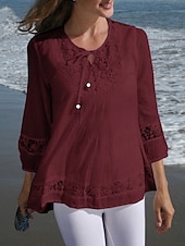 abordables Chemises-Femmes Chemises en coton et lin Couleur Unie Élégant Occasionnel Manche 3/4 Col en V Hauts Réguliers Quotidien Dentelle Patchwork Noir Blanche Vin bleu marine Été Printemps