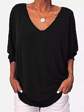 economico T-shirt semplice-T-Shirt Donna Colore Unito Stile Casual Manica Lunga Collo a V Top Regolari Giornalieri Bottoni Blu Nero Bianco Vino Verde Militare Estate Primavera Autunno