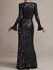 abordables NOIR-Robe de soirée sirène  trompette paillettes extensibles élégante robe de mariage formelle longueur sol manches longues encolure carrée étincelante avec volants et fente