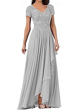 abordables Longueur du plancher-Ligne A Robe de Mère de Mariée  Élégant Simple Col en V Longueur au sol Chiffon Manche Courte avec Couleur Unie 2025