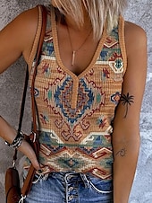 levne Boho tílko-Dámské Tílko do košilky Grafika Geometrický Vinobraní stylové Západní Bez rukávů Bez rukávů Do V Crop Tops Denní Tisk Rubínově červená Vodní modrá Hnědá Léto Jaro