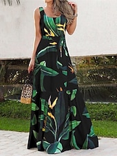 preiswerte Druck Blumen Kleider-Damen Langes Kleid Maxikleid Freizeitkleid Schwingkleid Sommerkleid Unterkleid Elegant Mode Modern Täglich Strand Wochenende Normale Passform Blume Ärmellos Rundhalsausschnitt Schwarz und Wei