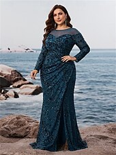 preiswerte BLAU-Meerjungfrau  Trompeten Plus Size Kleider ElegantesKurvenkleid Formal Hochzeit Bodenlang Lange Ärmel Rundhals Polyester mit Schlitz