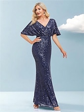 economico BLU-Abiti da festa per quindici anni sirena  tromba abito elegante formale da matrimonio lunghezza a terra maniche corte scollatura a V poliestere con glitter