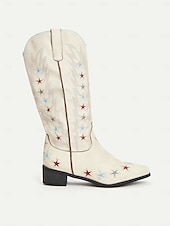 levne Cowboy &amp; Western Boots-Dámské krémové kovbojské boty ve westernovém stylu s barevnou výšivkou hvězd – retro rodeo boty do půli lýtek na country koncerty, festivaly a american outfity