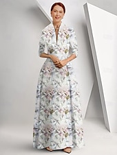 billige Gulvlengde-Mor til bruden A-Line Kjole Elegant Queen Anne Utringning Gulv-lengde Sateng 3/4 lengde ermer med Sløyfe(r) Race Day kjole Bryllupsgjest Kjole