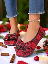 preiswerte Ballerinas für Damen-Ballerinas mit roter Schottenkaro-Schleife für Damen – Festtags-Ballerinas für Weihnachtsfeiern, Teepartys im Garten und gemütliche Abende
