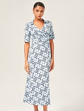 economico Abiti floreali-Per donna Femminile Vestito Casual Abito Midi Eco Green sabbia calda Blu Manica Corta Geometrico Estate Scollo a V Stampa XS S M